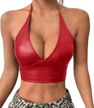 Women's Faux Vinyl PVC Leather Camisole V Neck Sleeveless Micro Vest Crop Bustier Top