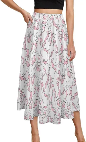 Womens High Waisted A-Line Rabbit Pleated Midi-Long Skirt