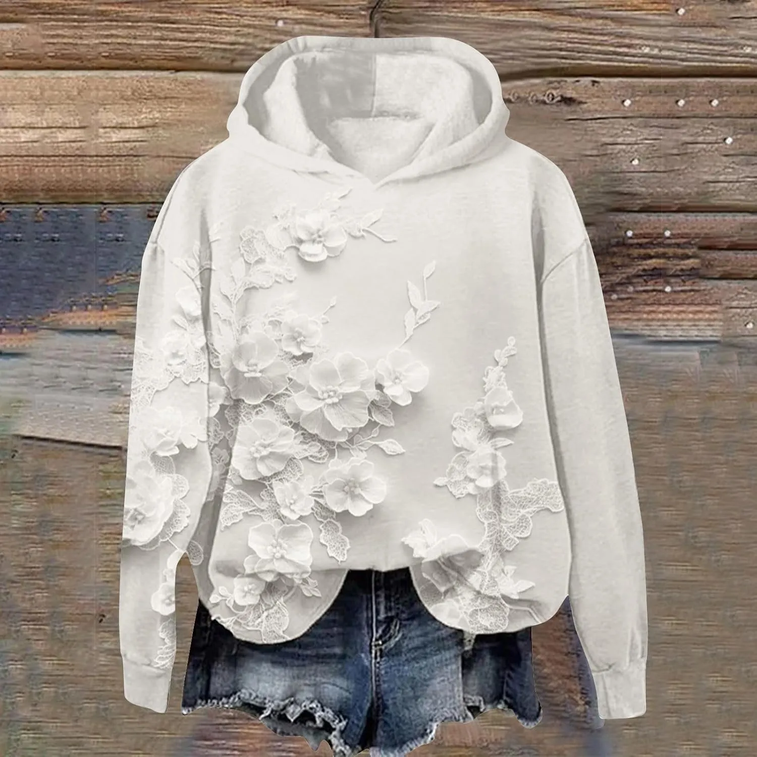 Women's Lace Floral Hoodie Oversized Pullover Sweatshirt Flowers Fleece Hoodie Cozy Lounge Winter Warm Hooded Top