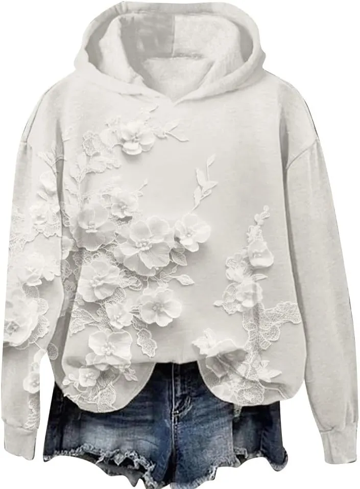 Women's Lace Floral Hoodie Oversized Pullover Sweatshirt Flowers Fleece Hoodie Cozy Lounge Winter Warm Hooded Top