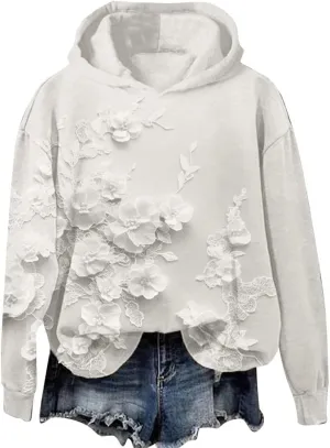 Women's Lace Floral Hoodie Oversized Pullover Sweatshirt Flowers Fleece Hoodie Cozy Lounge Winter Warm Hooded Top