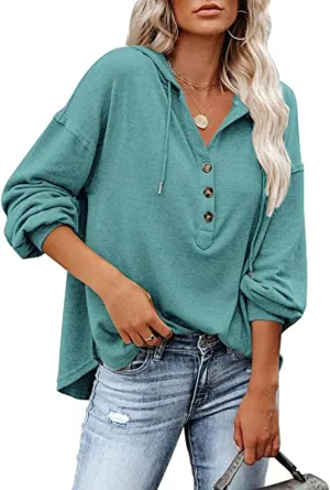 Womens Lightweight Hoodie Pullover Tshirt Long Sleeve Button Down Oversized Hoodie Blouse Tops