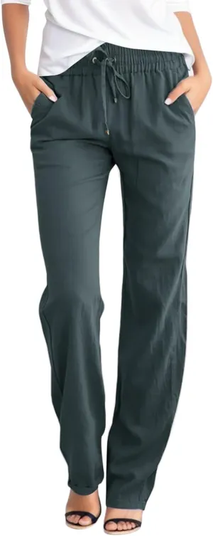 Womens Linen Pants Straight Leg High Waist Casual Pants Loose Fit Yoga Pants Summer Lightweight Trousers with Pockets