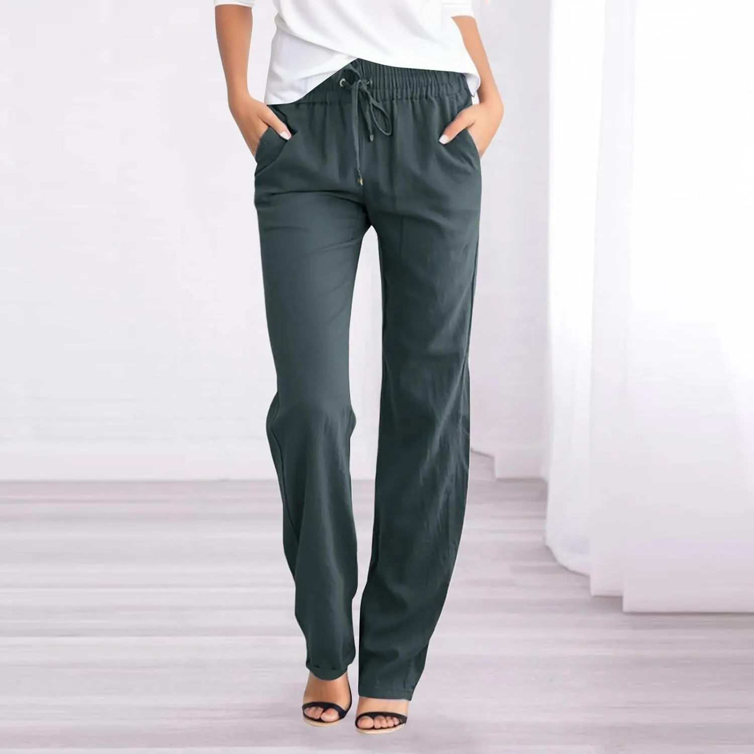 Womens Linen Pants Straight Leg High Waist Casual Pants Loose Fit Yoga Pants Summer Lightweight Trousers with Pockets