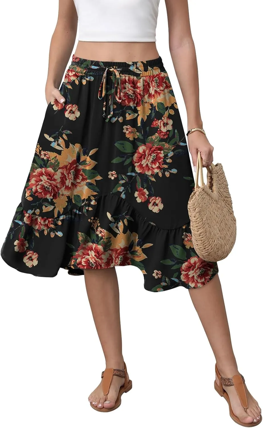 Women's Midi Skirt Summer Flowy Tiered Asymmetrical High Waisted Casual Skirts with Pockets