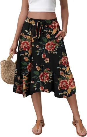 Women's Midi Skirt Summer Flowy Tiered Asymmetrical High Waisted Casual Skirts with Pockets