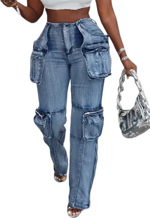 Women's Novelty Fashion Zip Side Slit High Waist Denim Jeans Pants with Multi Pockets