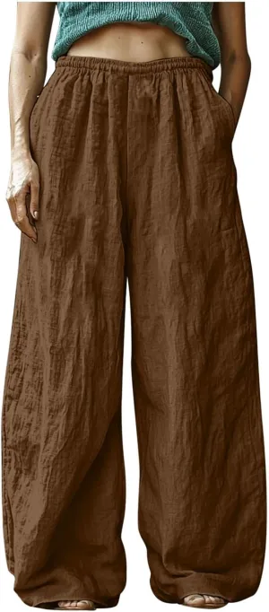 Womens Pants Dressy Casual Elastic Waist Cotton Linen Wide Leg Boho Cropped Trouser Lightweight Pants with Pocket Red L