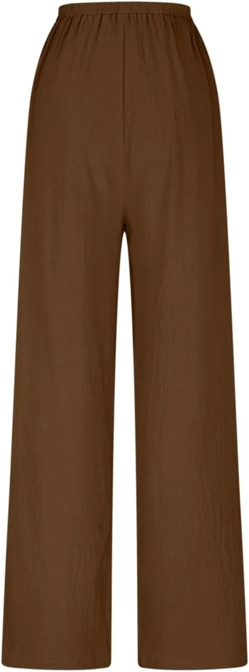 Womens Pants Dressy Casual Elastic Waist Cotton Linen Wide Leg Boho Cropped Trouser Lightweight Pants with Pocket Red L