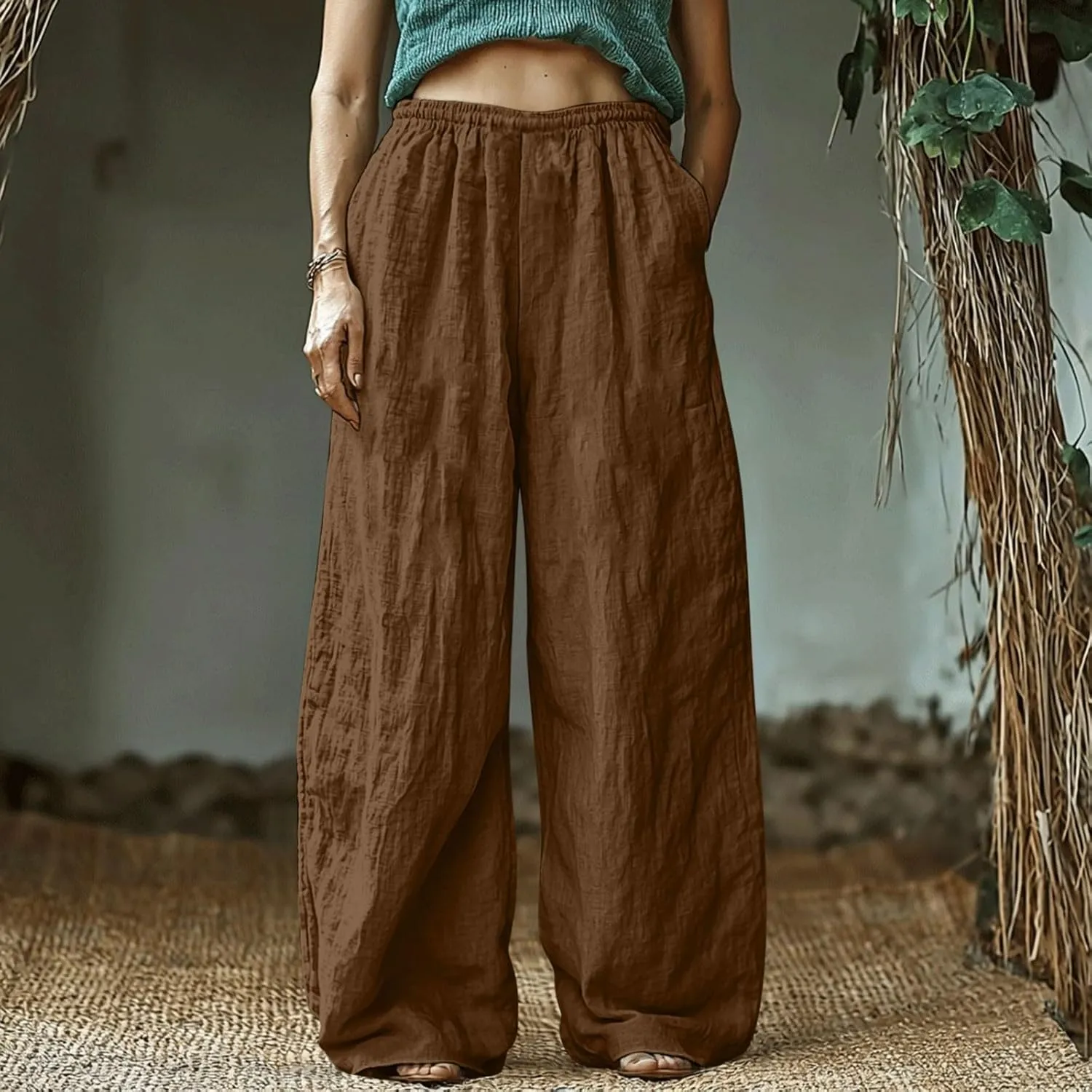 Womens Pants Dressy Casual Elastic Waist Cotton Linen Wide Leg Boho Cropped Trouser Lightweight Pants with Pocket Red L
