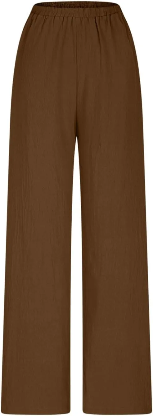 Womens Pants Dressy Casual Elastic Waist Cotton Linen Wide Leg Boho Cropped Trouser Lightweight Pants with Pocket Red L