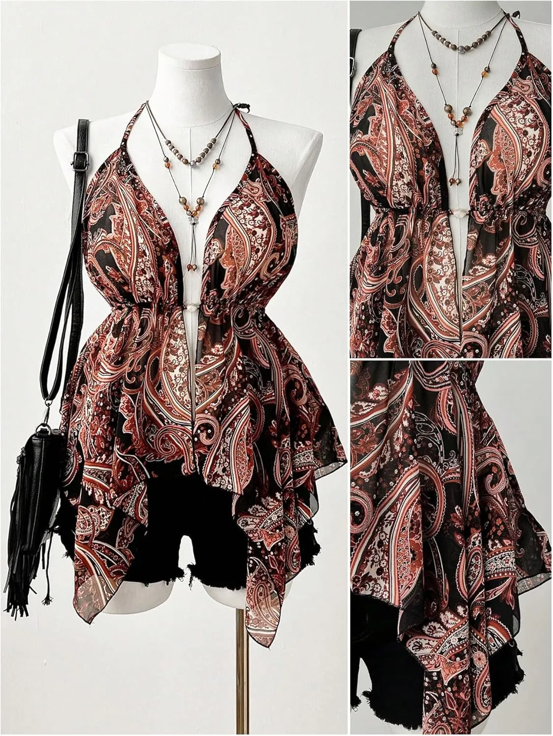 Women's Plus Size Tribal Halter Top Boho Ruffled Backless Sleeveless Asymmetrical Camisole Tops