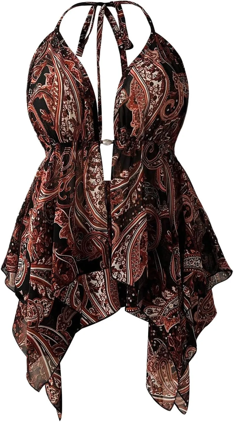 Women's Plus Size Tribal Halter Top Boho Ruffled Backless Sleeveless Asymmetrical Camisole Tops