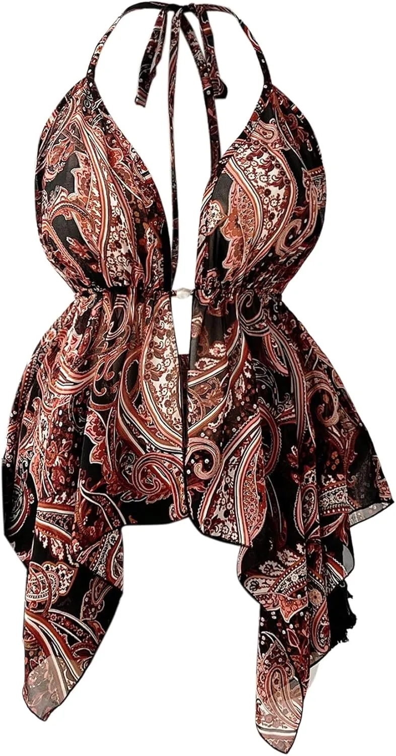 Women's Plus Size Tribal Halter Top Boho Ruffled Backless Sleeveless Asymmetrical Camisole Tops