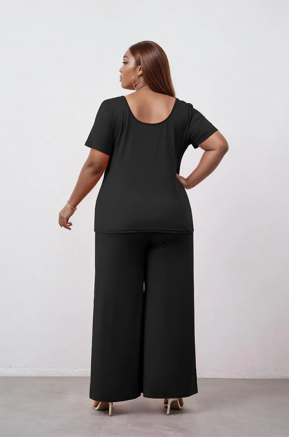 Women's Plus Size Two Piece Outfits Sweatsuits Sets Sexy Backless Short Sleeve Tops Wide Leg Pants Tracksuit Sets