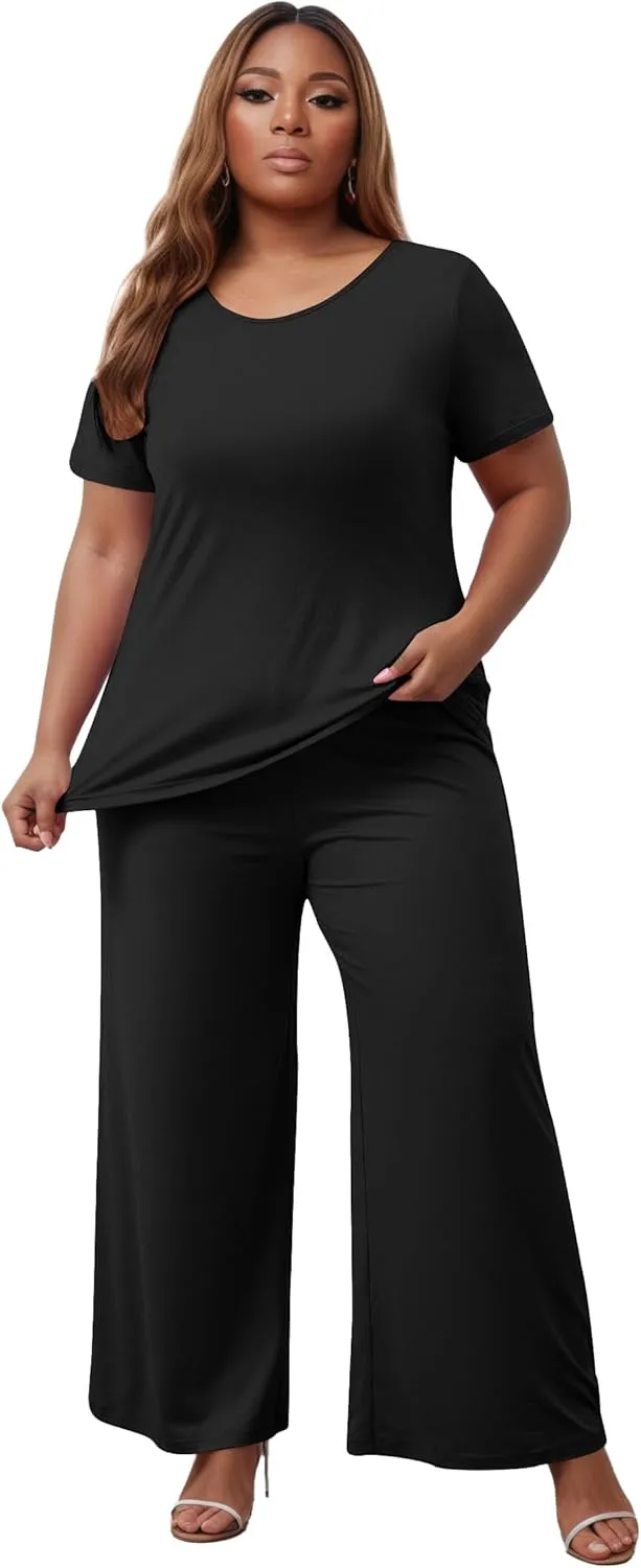 Women's Plus Size Two Piece Outfits Sweatsuits Sets Sexy Backless Short Sleeve Tops Wide Leg Pants Tracksuit Sets