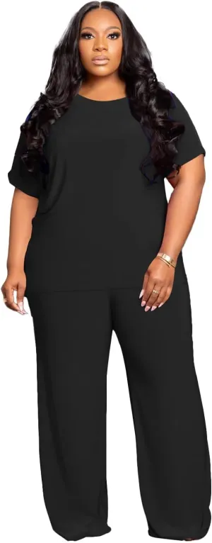 Women's Plus Size Two Piece Outfits Sweatsuits Sets Sexy Backless Short Sleeve Tops Wide Leg Pants Tracksuit Sets