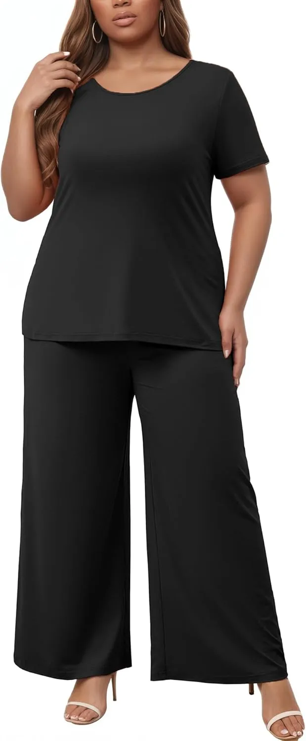 Women's Plus Size Two Piece Outfits Sweatsuits Sets Sexy Backless Short Sleeve Tops Wide Leg Pants Tracksuit Sets