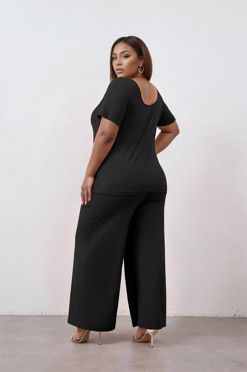 Women's Plus Size Two Piece Outfits Sweatsuits Sets Sexy Backless Short Sleeve Tops Wide Leg Pants Tracksuit Sets