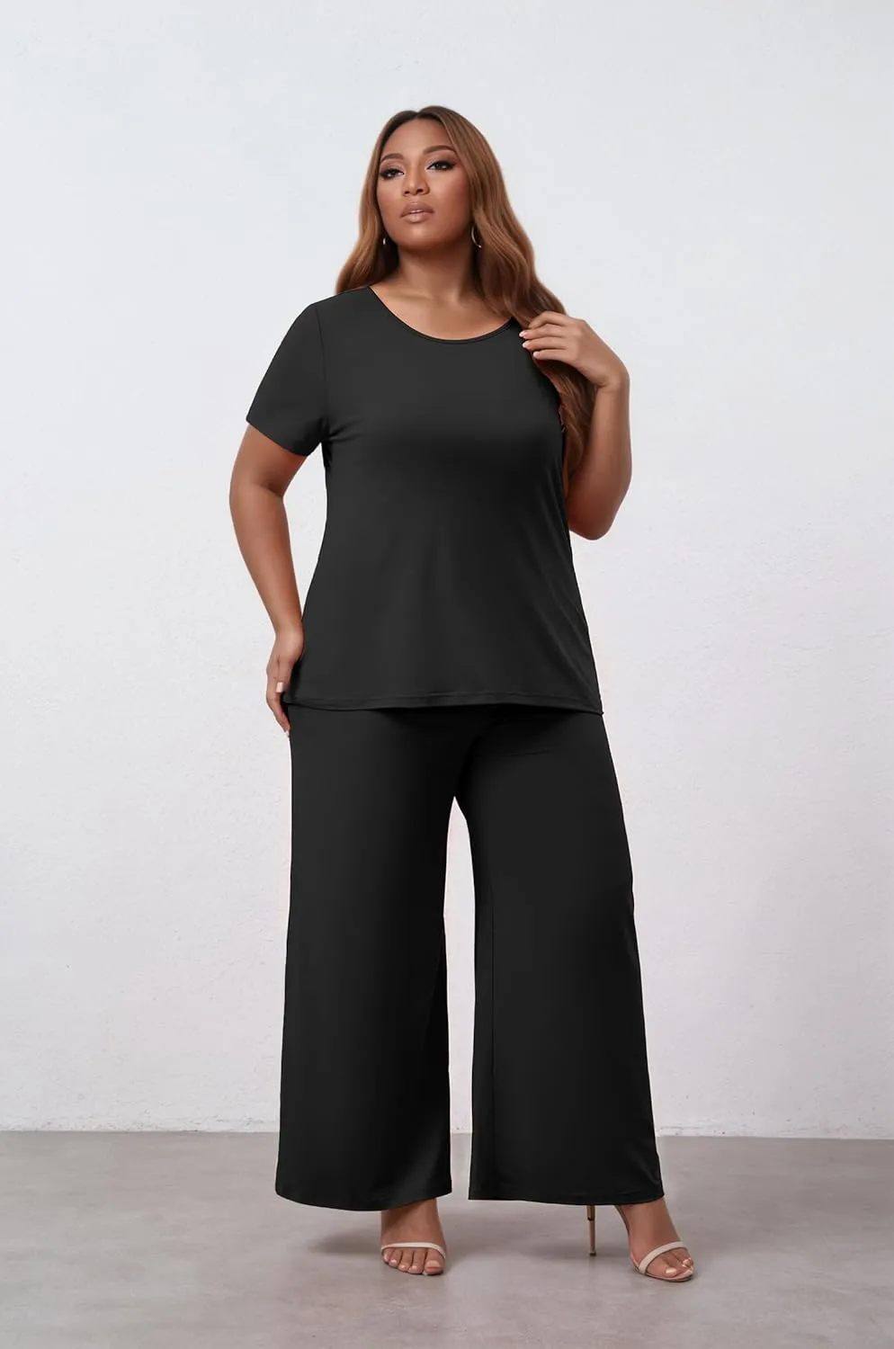 Women's Plus Size Two Piece Outfits Sweatsuits Sets Sexy Backless Short Sleeve Tops Wide Leg Pants Tracksuit Sets