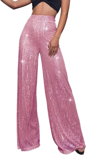 Womens Sequin Pants High Waist Wide Leg Sparkle Glitter Trousers Bell Bottom Night Out Clubwear Shiny Pants