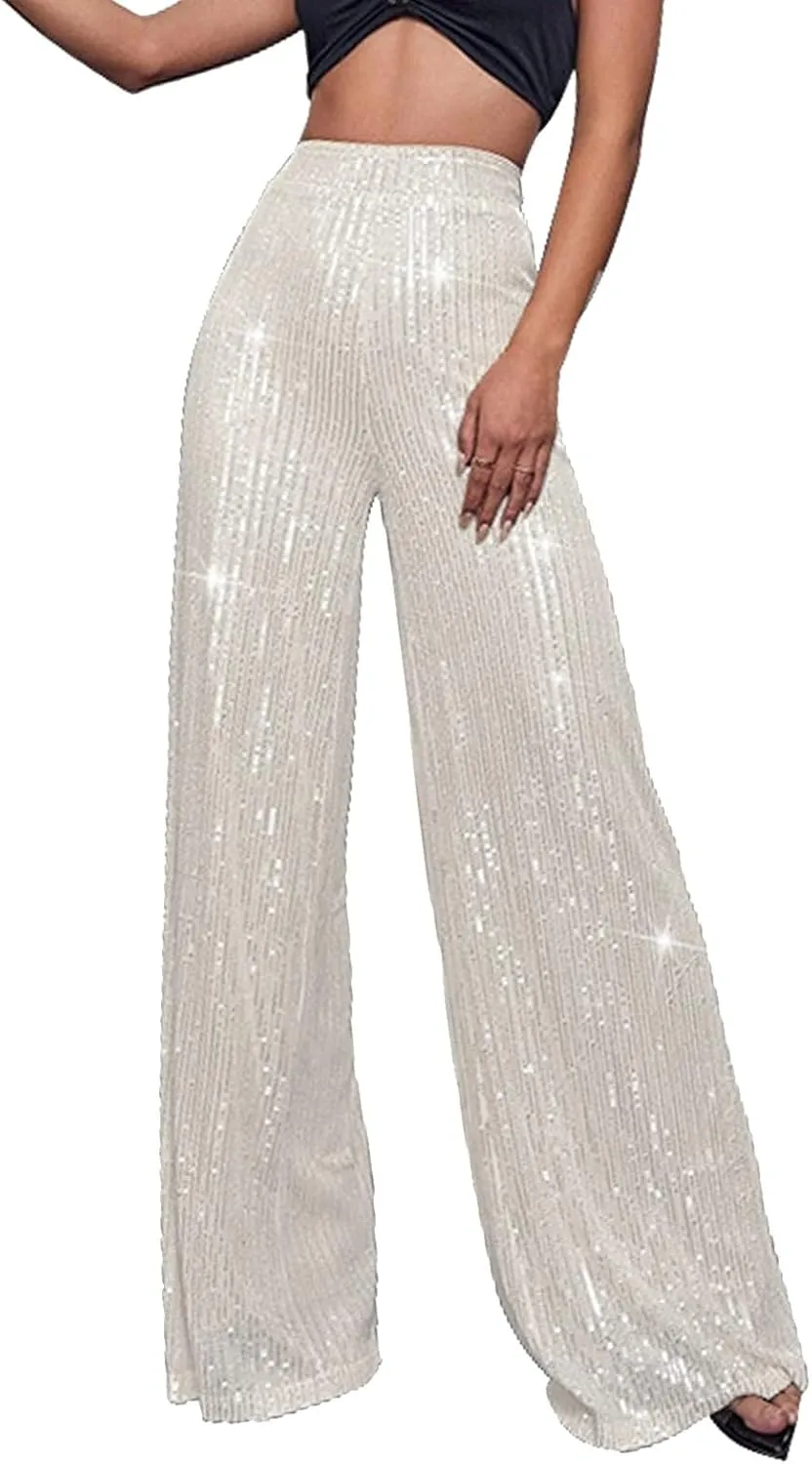 Womens Sequin Pants High Waist Wide Leg Sparkle Glitter Trousers Bell Bottom Night Out Clubwear Shiny Pants