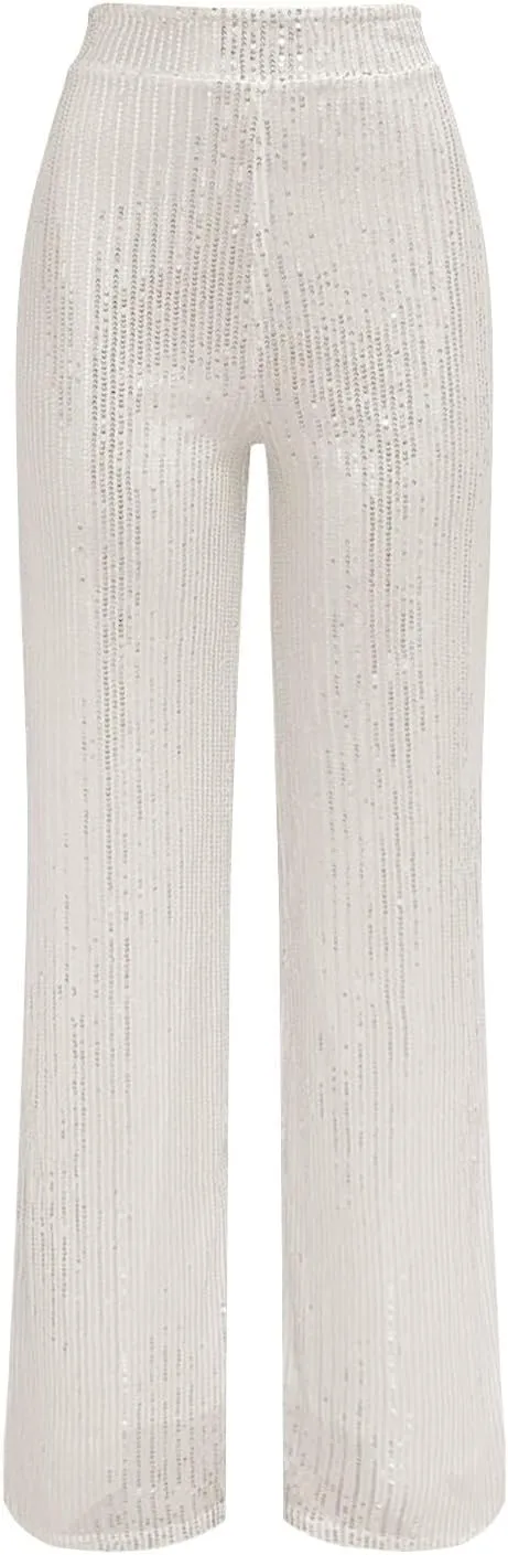 Womens Sequin Pants High Waist Wide Leg Sparkle Glitter Trousers Bell Bottom Night Out Clubwear Shiny Pants
