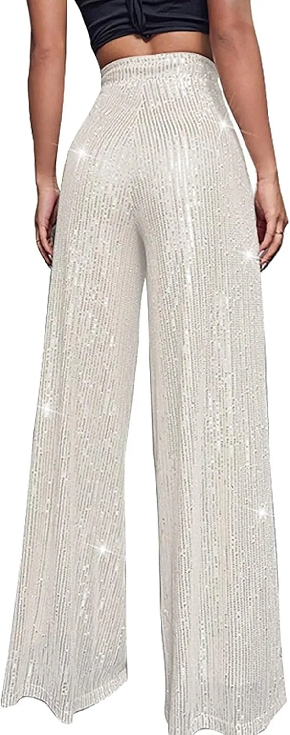 Womens Sequin Pants High Waist Wide Leg Sparkle Glitter Trousers Bell Bottom Night Out Clubwear Shiny Pants