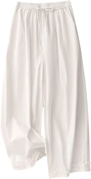 Womens Summer Cotton Linen Palazzo Pants Casual High Waisted Drawstring Wide Leg Long Lounge Trousers with Pockets