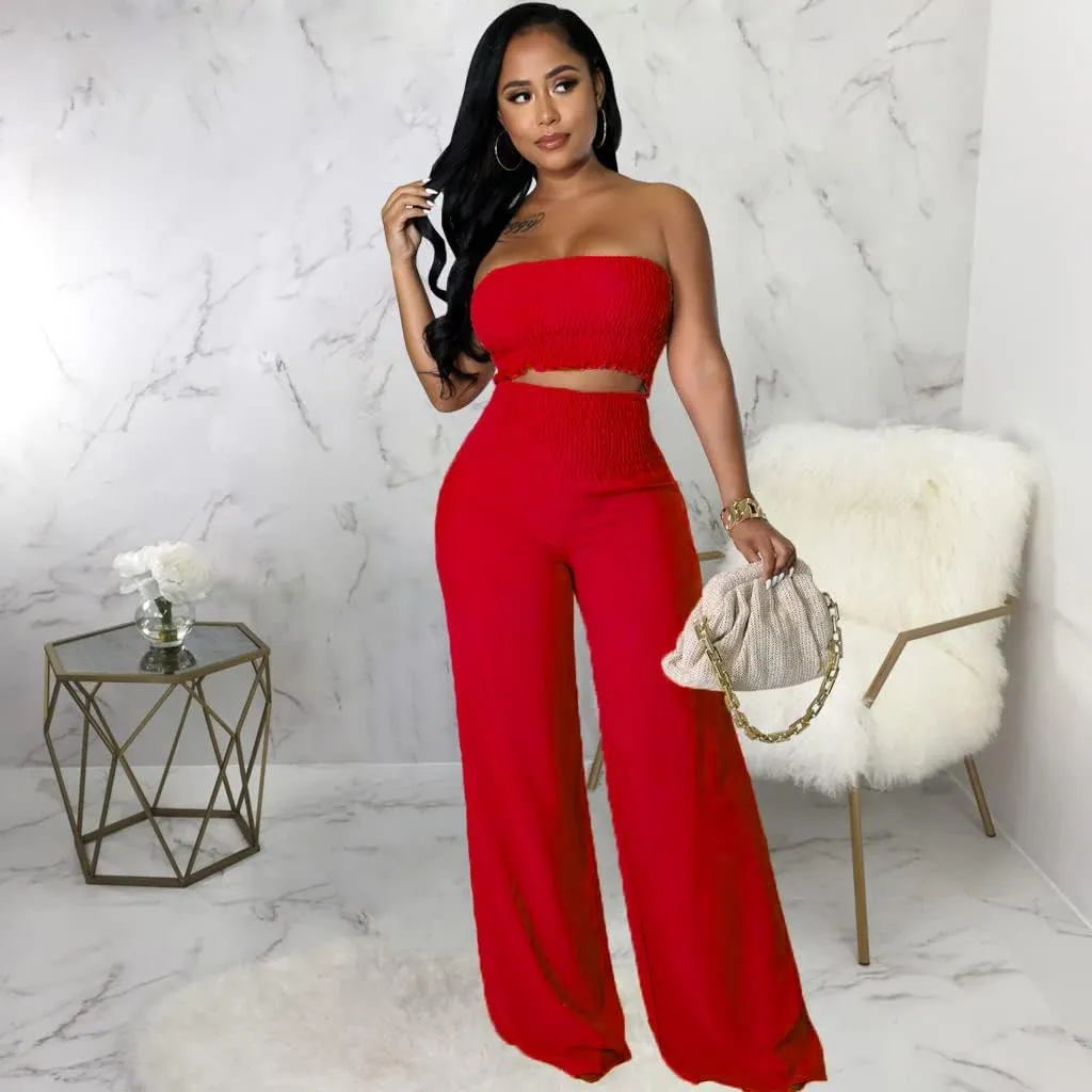 Womens Summer Outfits Crop Tops and Pants Sets Sexy Vacation Jumpsuits 2 Piece Sets with Pockets