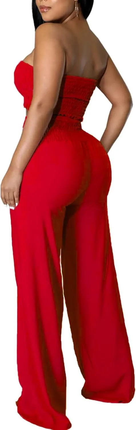 Womens Summer Outfits Crop Tops and Pants Sets Sexy Vacation Jumpsuits 2 Piece Sets with Pockets