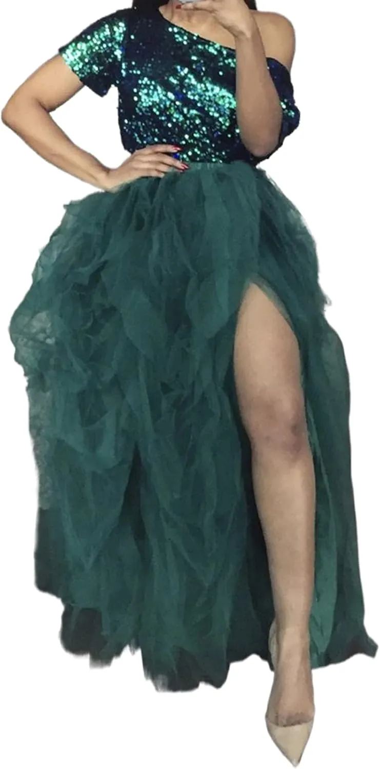 Women's Tulle Maxi Skirt Floor Length Layered High Waist Split Skirt A-Line Puffy Mesh Tutu Skirt for Wedding Party