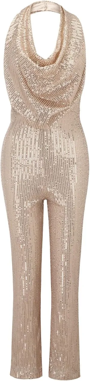 Womens V Neck Sequin Jumpsuit Trendy Evening Party Sleeveless Halter Sparkly Rompers Wedding Glitter Casual Jumpsuits