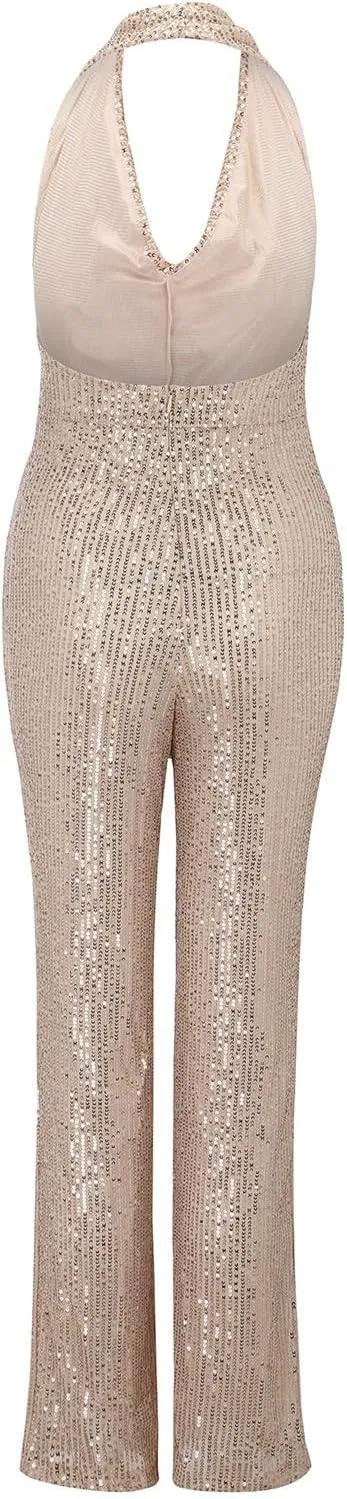 Womens V Neck Sequin Jumpsuit Trendy Evening Party Sleeveless Halter Sparkly Rompers Wedding Glitter Casual Jumpsuits