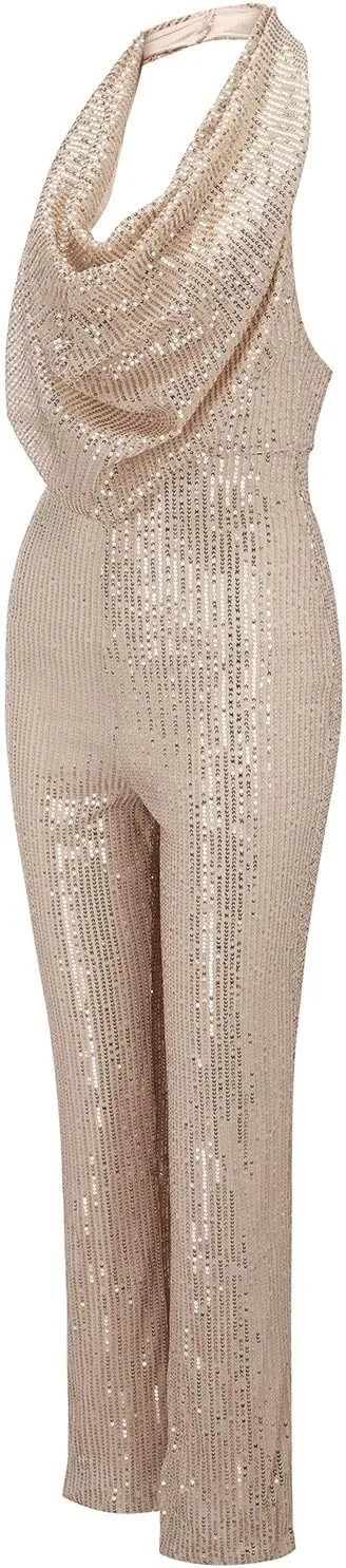 Womens V Neck Sequin Jumpsuit Trendy Evening Party Sleeveless Halter Sparkly Rompers Wedding Glitter Casual Jumpsuits