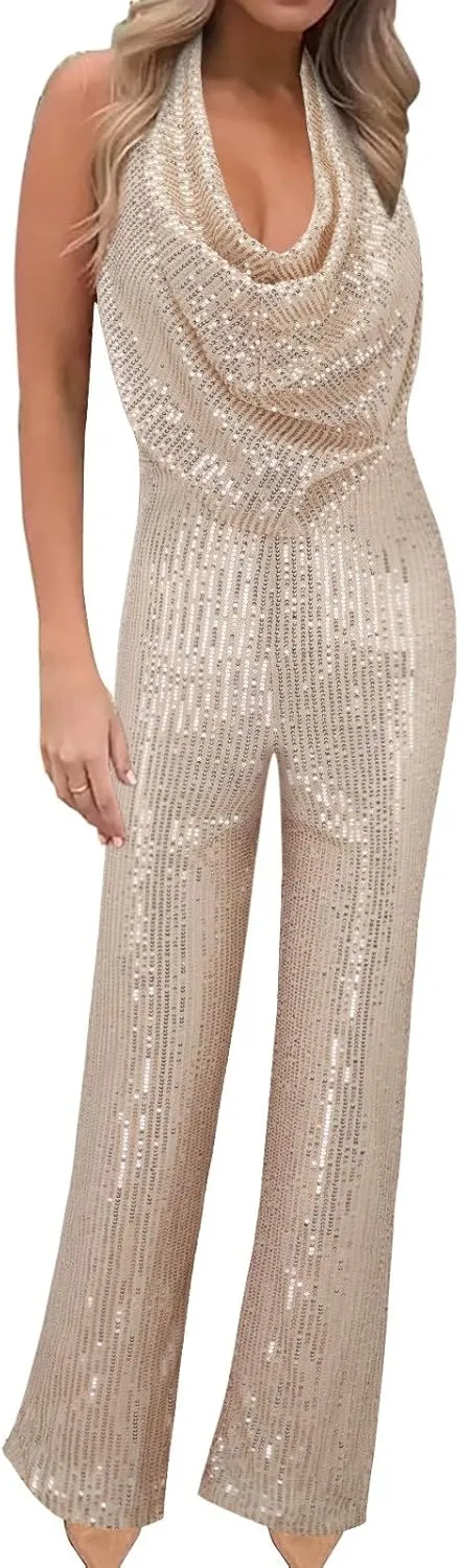 Womens V Neck Sequin Jumpsuit Trendy Evening Party Sleeveless Halter Sparkly Rompers Wedding Glitter Casual Jumpsuits