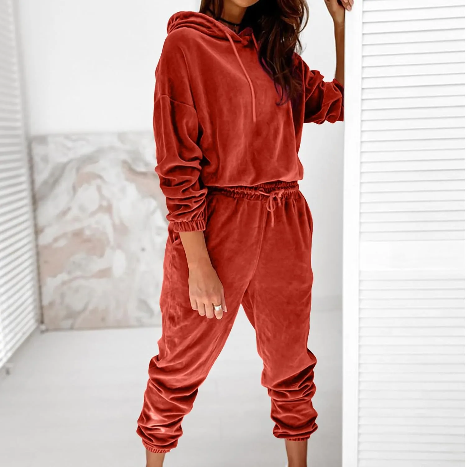 Womens Velvet Tracksuit Set Long Sleeve Hoodie Jumpers Jogger Pants 2 Piece Solid Sweatshirt and Sweatpants Sweatsuits