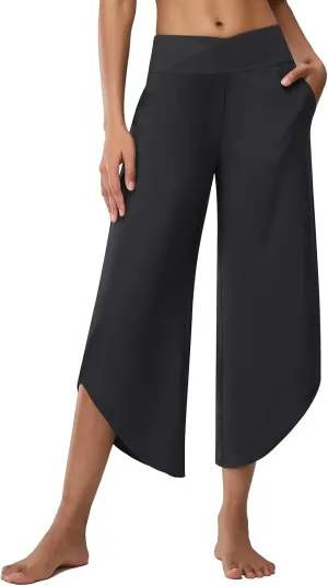 Women's Wide Leg Cropped Pants Lightweight Lounge Yoga Pants High Waist Dressy Casual Dance Travel Trousers Petite with Pockets Black M