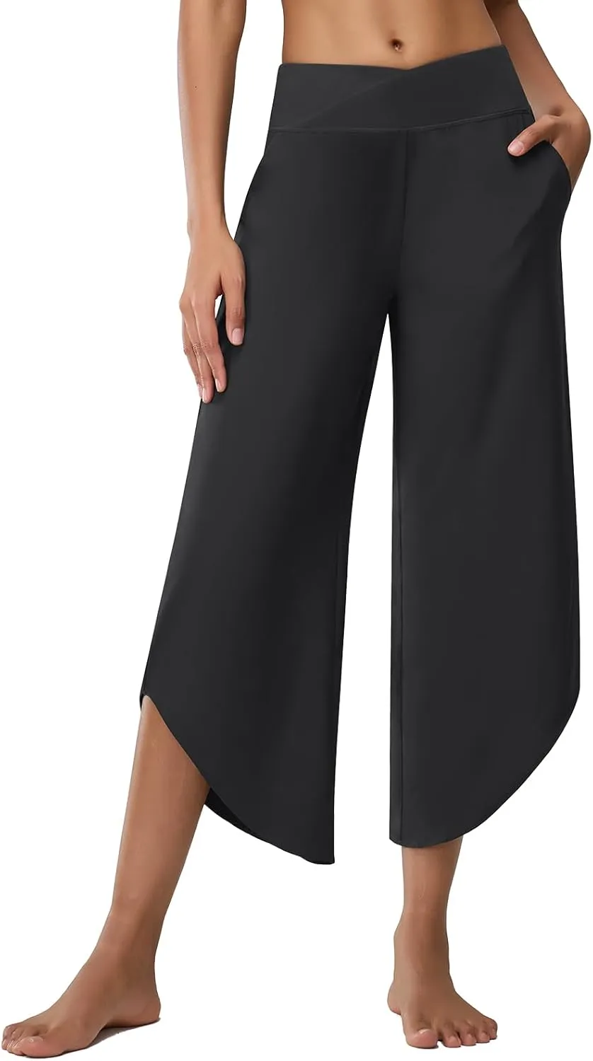 Women's Wide Leg Cropped Pants Lightweight Lounge Yoga Pants High Waist Dressy Casual Dance Travel Trousers Petite with Pockets Black M