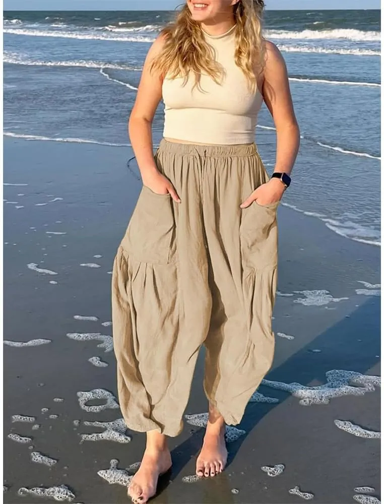 Womens Wide Leg Pants Solid Color Casual Loose Fit Flowy Elastic Harem Pants with Pockets Summer Beach Vacation