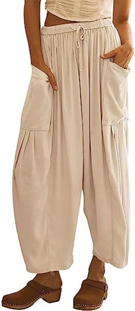 Womens Wide Leg Pants Solid Color Casual Loose Fit Flowy Elastic Harem Pants with Pockets Summer Beach Vacation