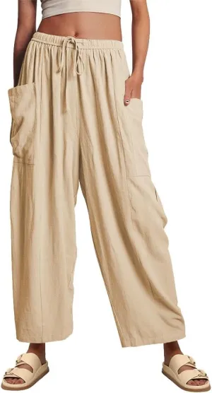 Womens Wide Leg Pants Solid Color Casual Loose Fit Flowy Elastic Harem Pants with Pockets Summer Beach Vacation