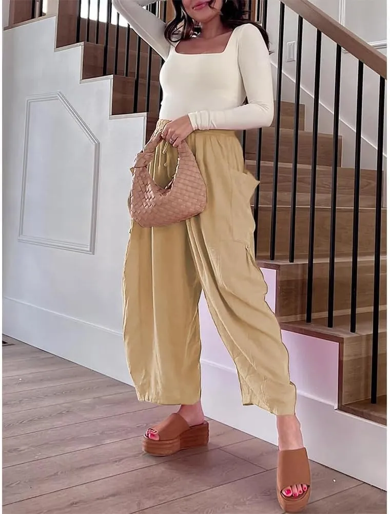 Womens Wide Leg Pants Solid Color Casual Loose Fit Flowy Elastic Harem Pants with Pockets Summer Beach Vacation