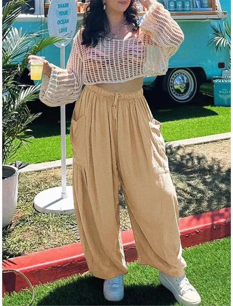 Womens Wide Leg Pants Solid Color Casual Loose Fit Flowy Elastic Harem Pants with Pockets Summer Beach Vacation