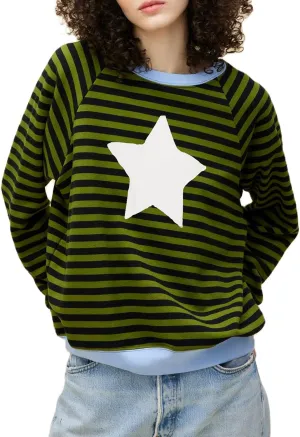 Y2k Oversized Sweatshirt for Women Vintage Star Graphic Hoodies Tops Crew Neck Striped Aesthetic Pullover Sweater