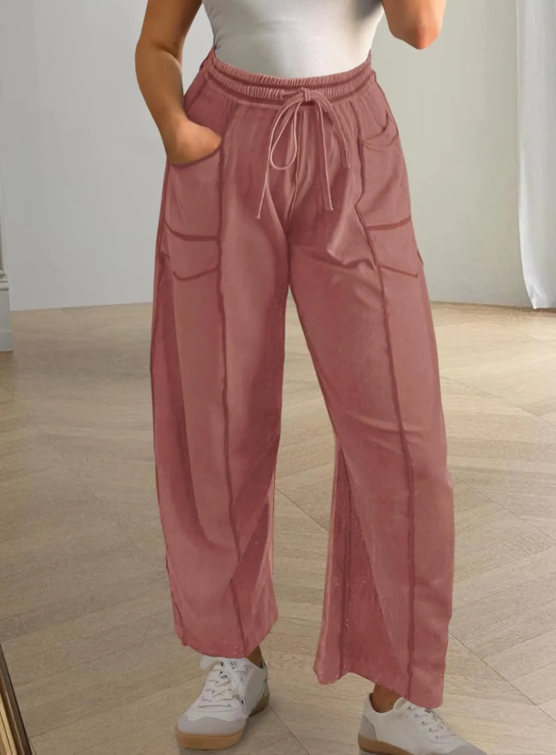 Yanekop Womens Baggy Wide Leg Pants Casual Summer Palazzo Pants Drawstring Waist Lounge Pants with Pockets