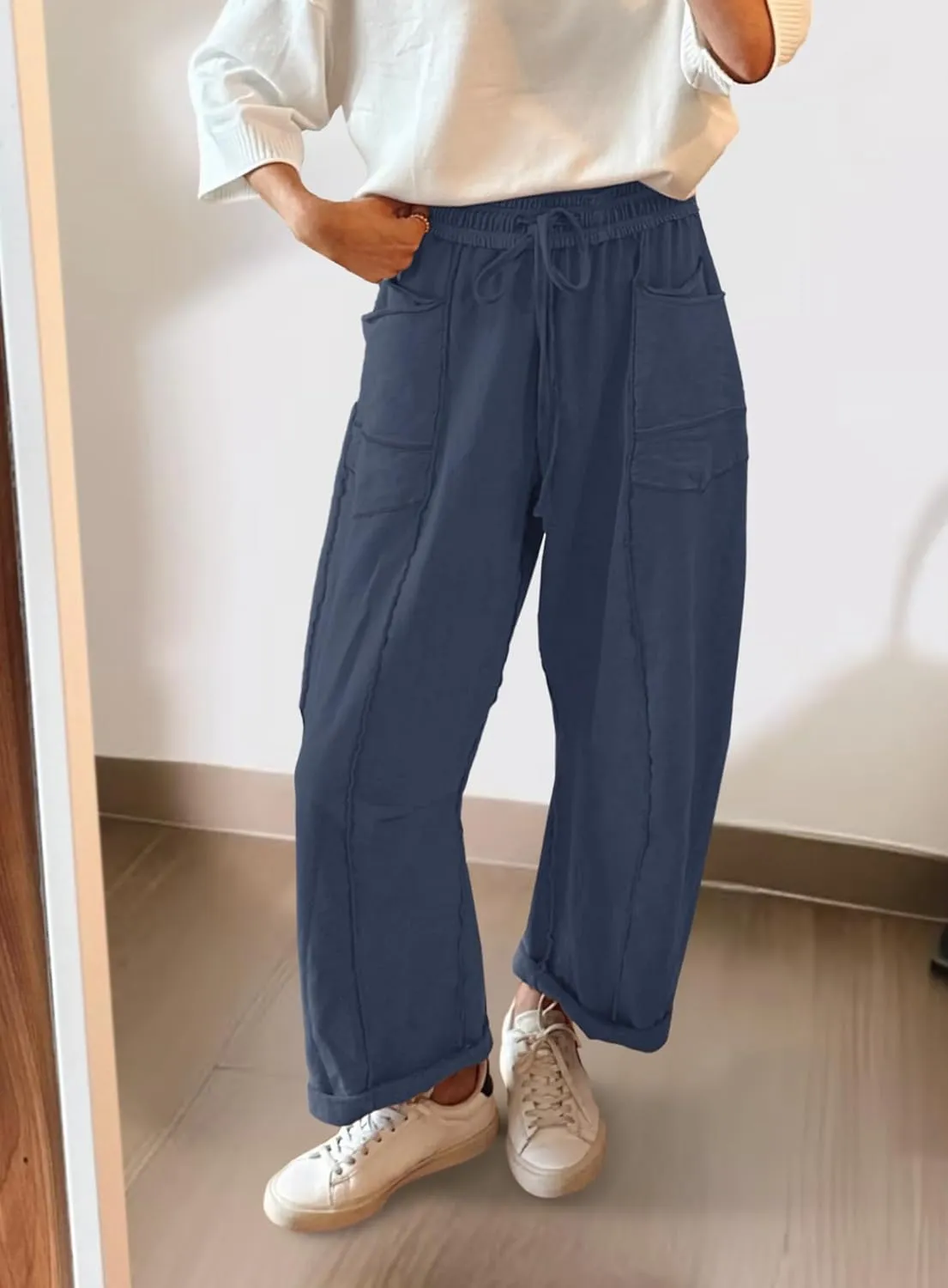 Yanekop Womens Baggy Wide Leg Pants Casual Summer Palazzo Pants Drawstring Waist Lounge Pants with Pockets