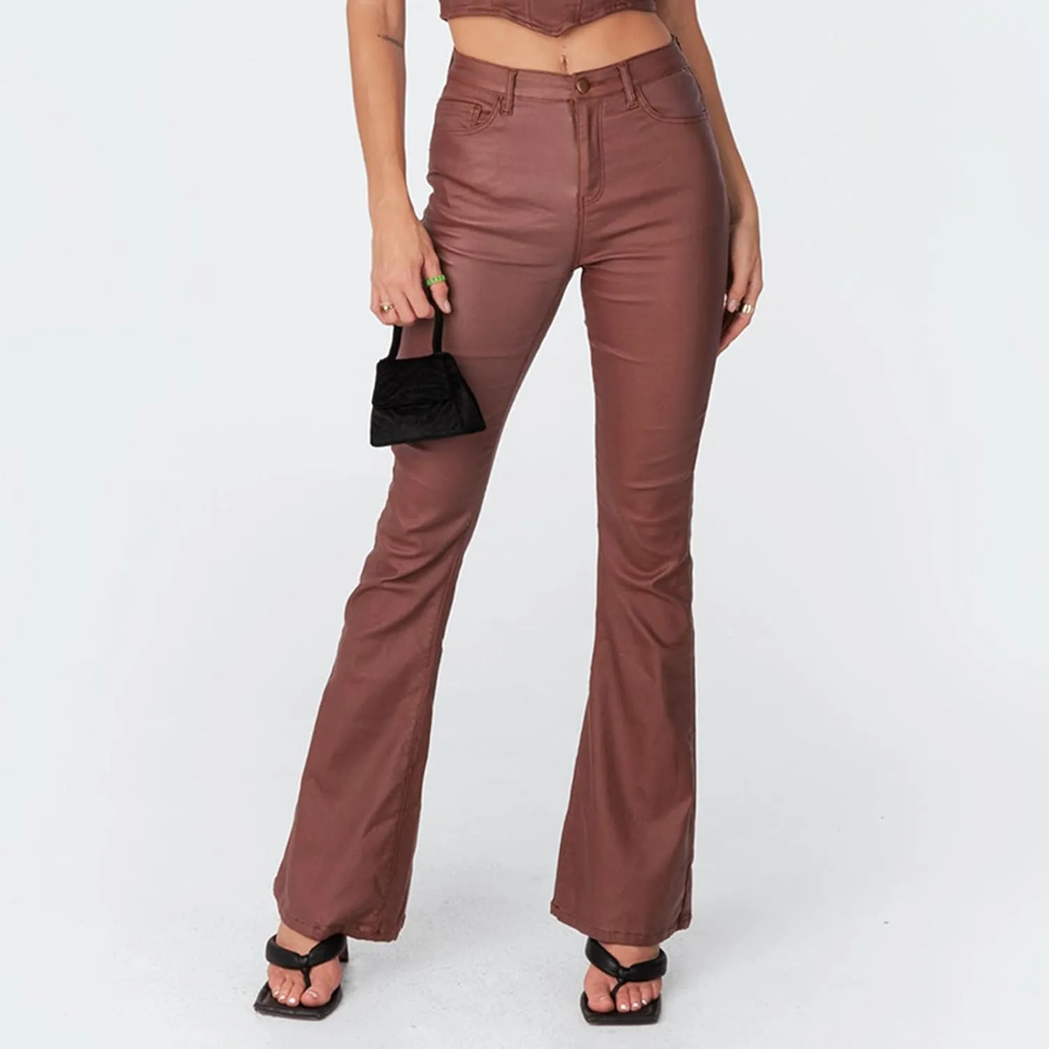 Yoawdats Women's Faux Leather Pants PU High Waist Flare Long Pants Tummy Control Bootcut Bell Bottom Trousers with Pockets