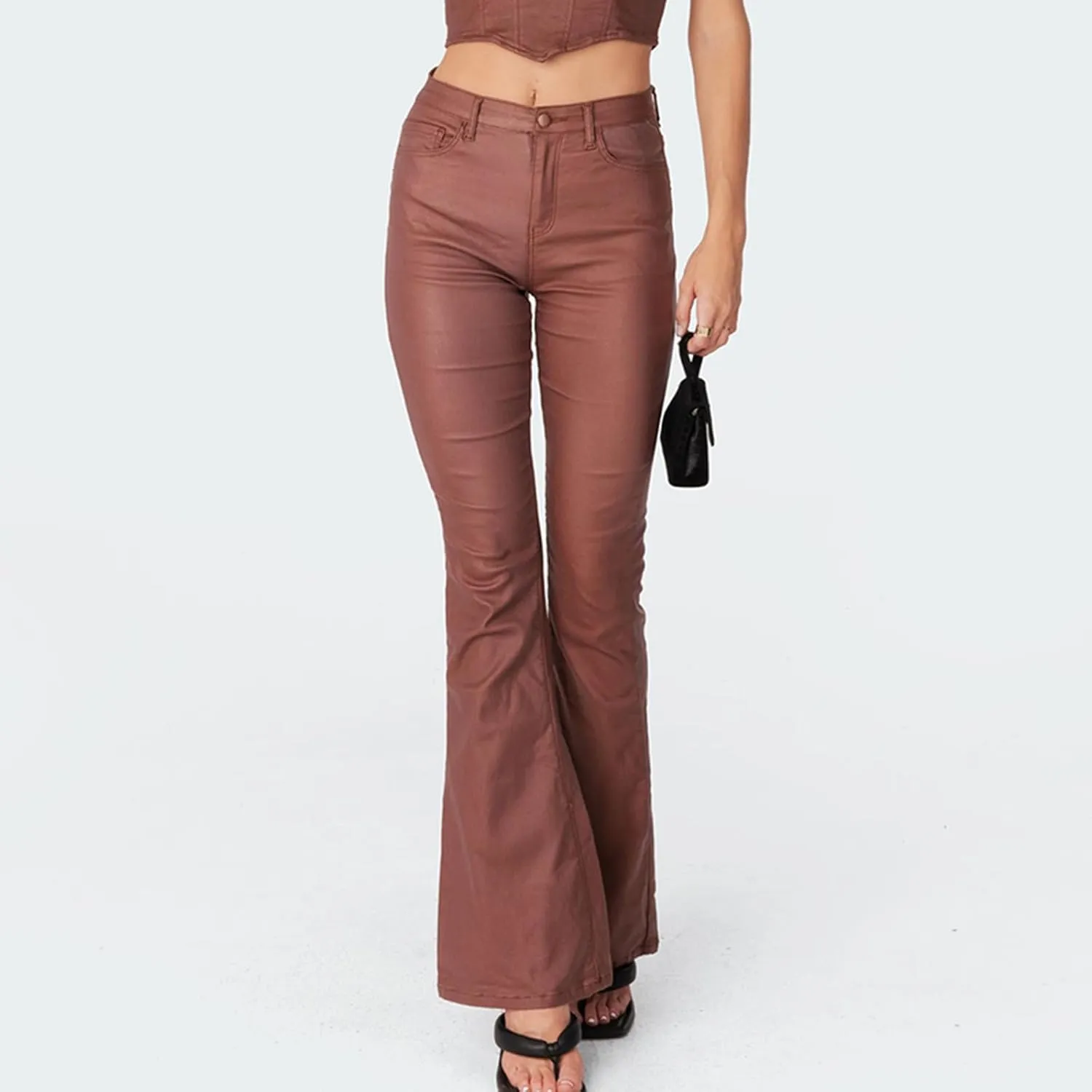 Yoawdats Women's Faux Leather Pants PU High Waist Flare Long Pants Tummy Control Bootcut Bell Bottom Trousers with Pockets