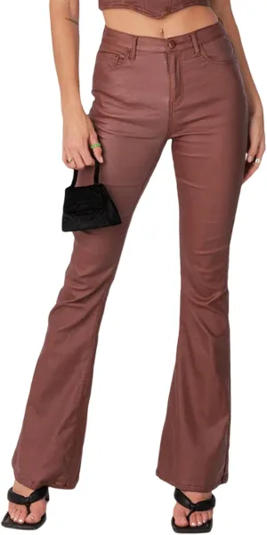Yoawdats Women's Faux Leather Pants PU High Waist Flare Long Pants Tummy Control Bootcut Bell Bottom Trousers with Pockets